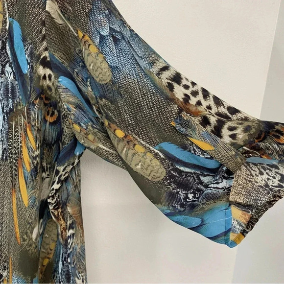 Avenue Blouse‎ Woman 18/20 Button Up Colorful Tropical Feathers Tunic Roll Tab - Picture 4 of 15